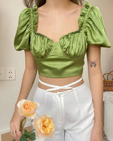 Silk ruched puff sleeve crop top with sweetheart neckline and smocked back detail